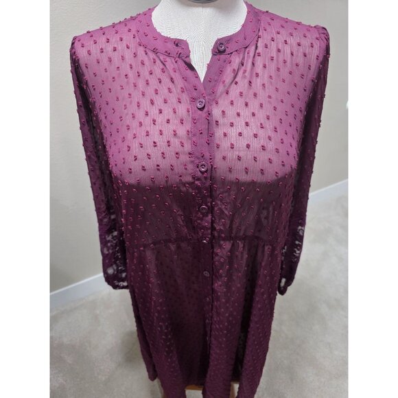 Sheer Plum Button-Front Textured Tunic Dress With Lace Sleeves Women's M/L - Picture 5 of 9